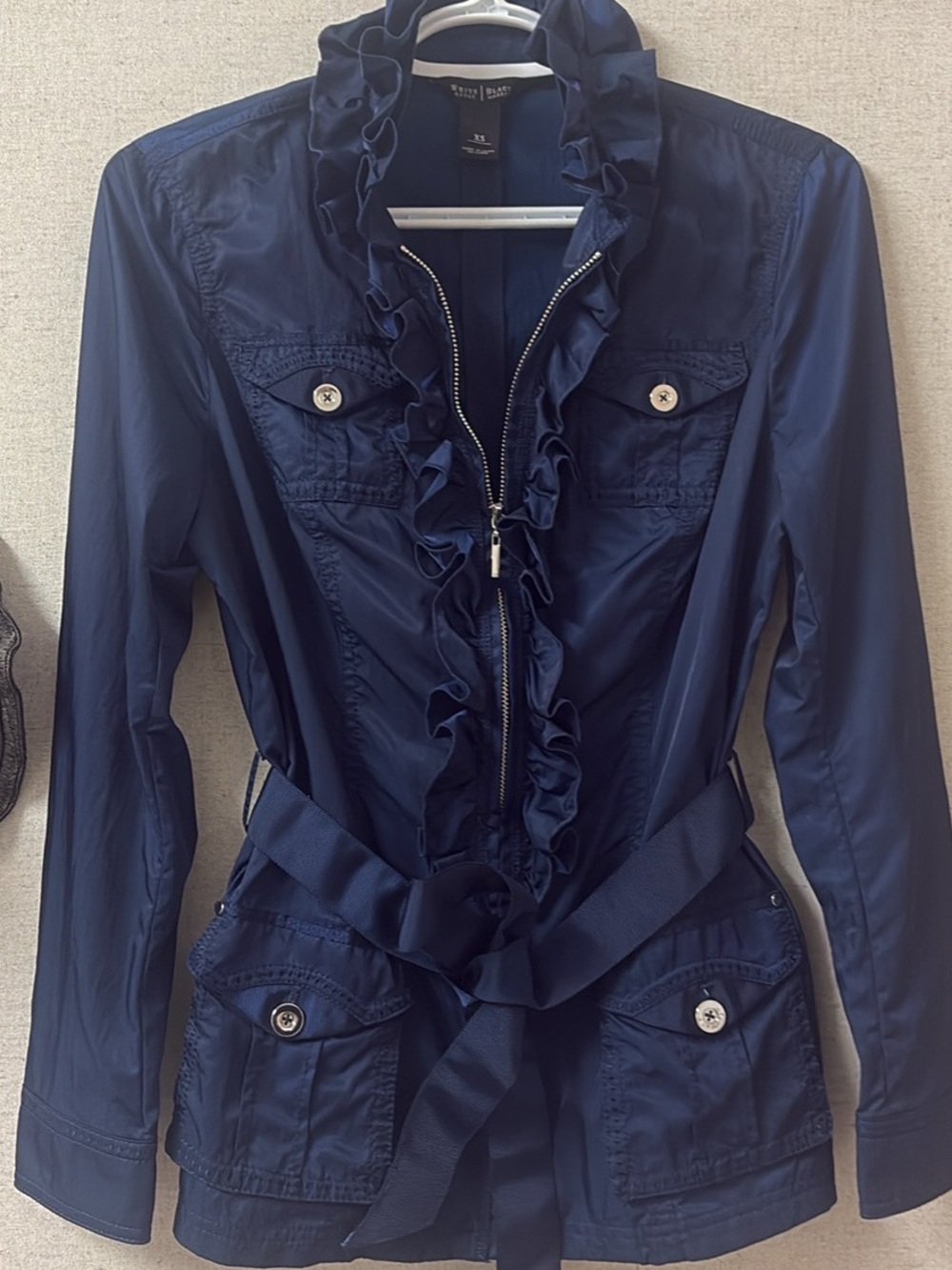 White House Black Market Navy Ruffle-Trim Utility Jacket with Belt